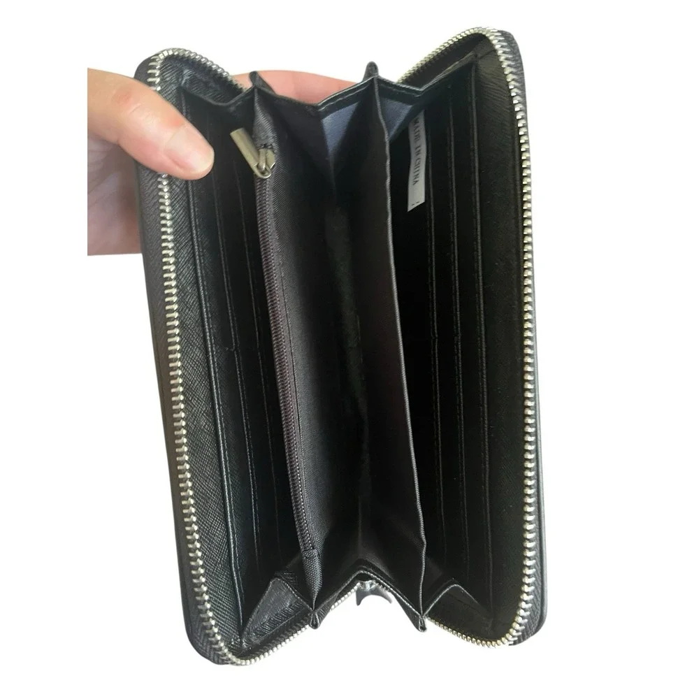 BLACK RHINESTONE OWL ACCORDION Zip Around WALLET Wristlet Bonus Keyring Strap‎